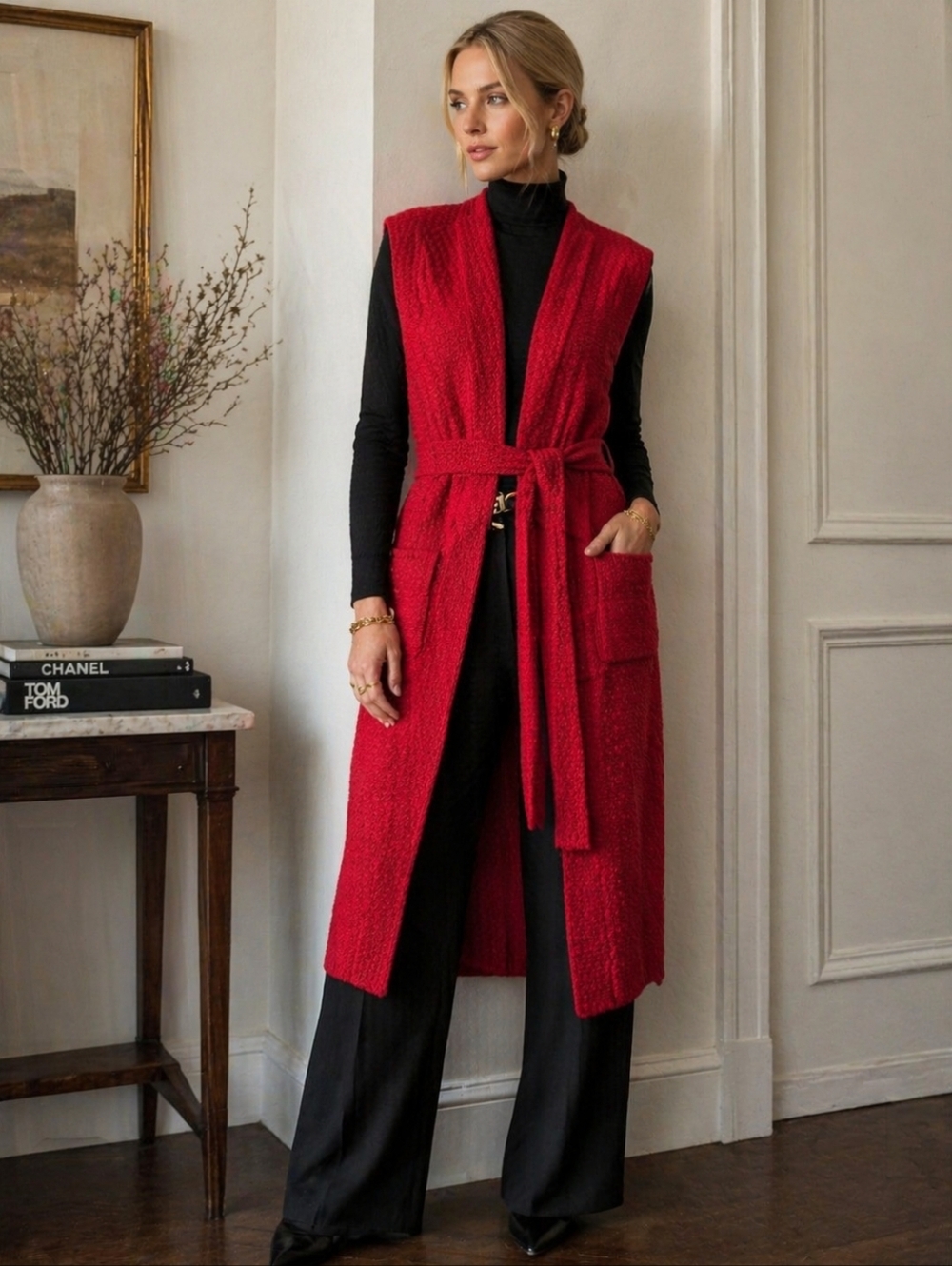 St. John Red Sleeveless Duster Vest Wool Blend Belted Chic NWT-Like Size MEDIUM
